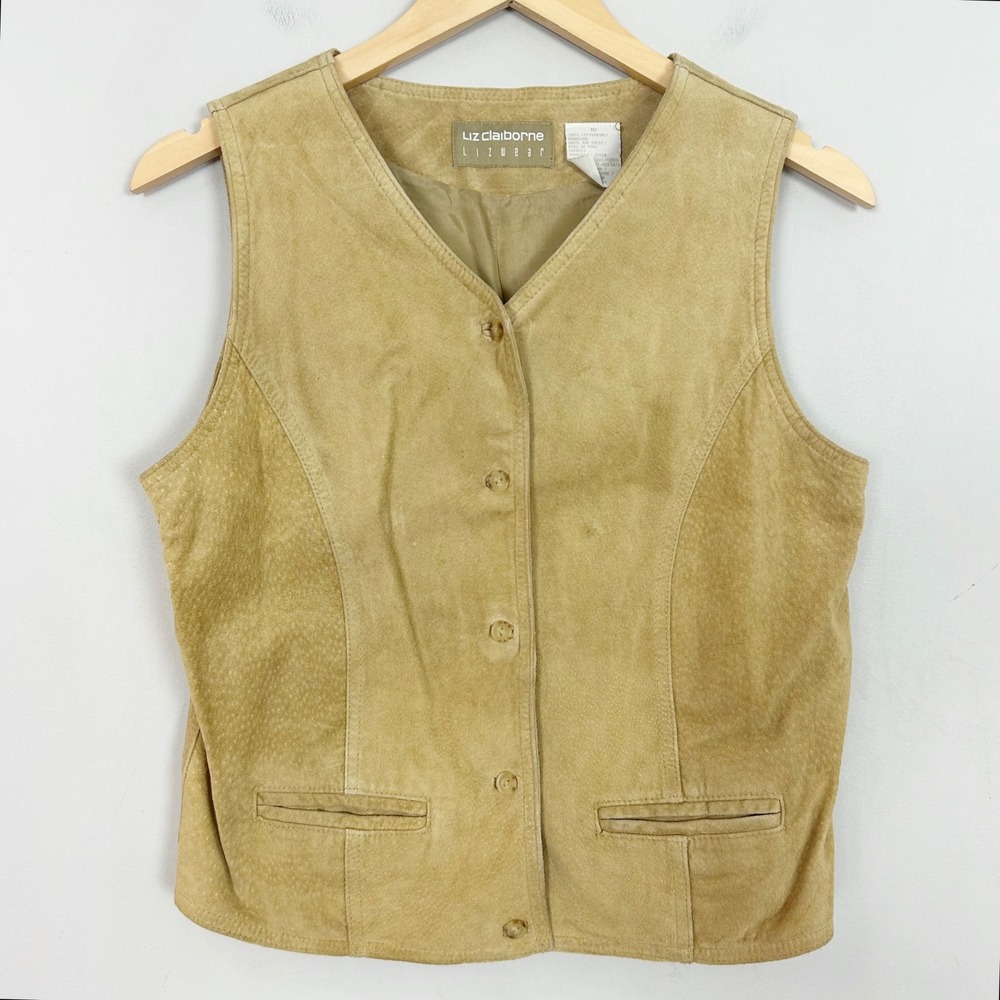 Vintage Liz Claiborne Vest Tan Suede Button Front Boho Western Women's Size 10